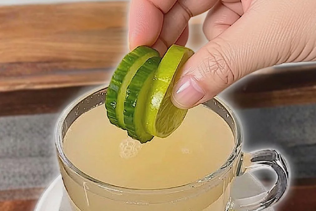 Rodelas de pepino e lima a entrar num copo